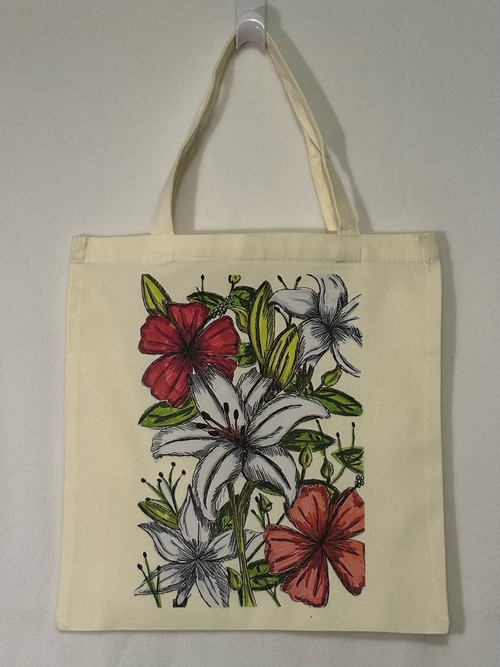 Cream Floral Canvas Tote Bag with Red and Green Accents Size 15”x15”